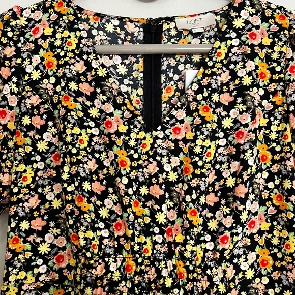 NEW LOFT Outlet Midi Floral Dress 4P Petite Wedding Guest Puff Sleeve V-neck‎ - Picture 2 of 11
